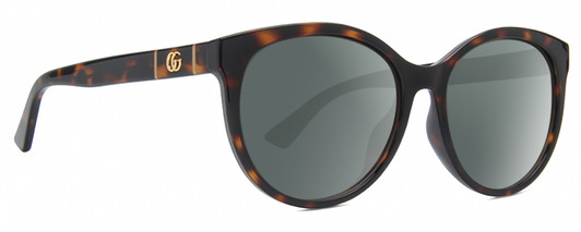 Profile View of Gucci GG0636SK Designer Polarized Sunglasses with Custom Cut Smoke Grey Lenses in Tortoise Havana Gold Ladies Round Full Rim Acetate 56 mm
