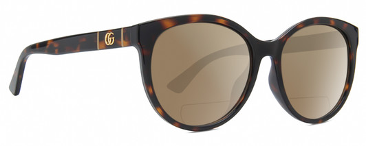 Profile View of Gucci GG0636SK Designer Polarized Reading Sunglasses with Custom Cut Powered Amber Brown Lenses in Tortoise Havana Gold Ladies Round Full Rim Acetate 56 mm