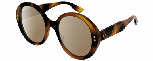 Profile View of Gucci GG1081S Designer Polarized Reading Sunglasses with Custom Cut Powered Amber Brown Lenses in Gloss Tortoise Havana Brown Gold Ladies Round Full Rim Acetate 54 mm
