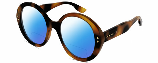Profile View of Gucci GG1081S Designer Polarized Reading Sunglasses with Custom Cut Powered Blue Mirror Lenses in Gloss Tortoise Havana Brown Gold Ladies Round Full Rim Acetate 54 mm
