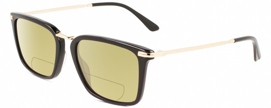 Profile View of Calvin Klein CK22512S Designer Polarized Reading Sunglasses with Custom Cut Powered Sun Flower Yellow Lenses in Gloss Black Gold Unisex Rectangular Full Rim Acetate 53 mm