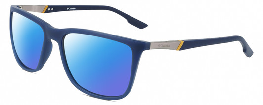 Profile View of Columbia C553S Designer Polarized Sunglasses with Custom Cut Blue Mirror Lenses in Matte Navy Blue Silver Unisex Rectangular Full Rim Acetate 62 mm