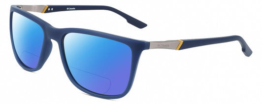Profile View of Columbia C553S Designer Polarized Reading Sunglasses with Custom Cut Powered Blue Mirror Lenses in Matte Navy Blue Silver Unisex Rectangular Full Rim Acetate 62 mm