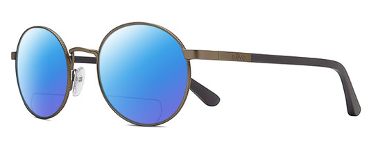 Profile View of REVO RILEY S Designer Polarized Reading Sunglasses with Custom Cut Powered Blue Mirror Lenses in Gun Metal Silver Black Unisex Round Full Rim Stainless Steel 50 mm