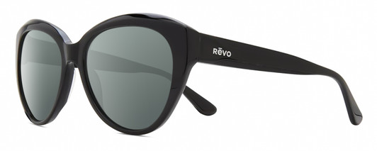Profile View of REVO ROSE Designer Polarized Sunglasses with Custom Cut Smoke Grey Lenses in Gloss Black Ladies Cat Eye Full Rim Acetate 55 mm