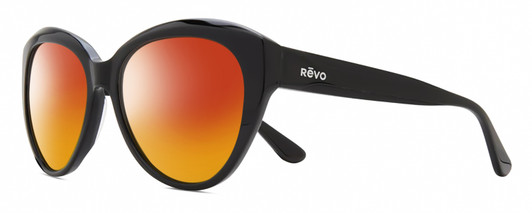 Profile View of REVO ROSE Designer Polarized Sunglasses with Custom Cut Red Mirror Lenses in Gloss Black Ladies Cat Eye Full Rim Acetate 55 mm