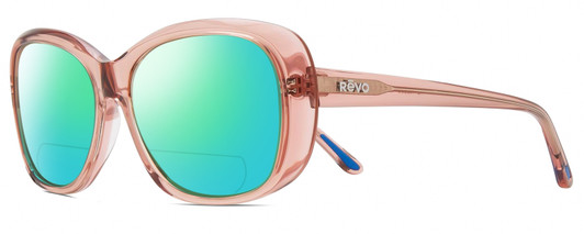 Profile View of REVO SAMMY Designer Polarized Reading Sunglasses with Custom Cut Powered Green Mirror Lenses in Pink Crystal Ladies Cat Eye Full Rim Acetate 56 mm