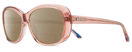 Profile View of REVO SAMMY Designer Polarized Reading Sunglasses with Custom Cut Powered Amber Brown Lenses in Pink Crystal Ladies Cat Eye Full Rim Acetate 56 mm