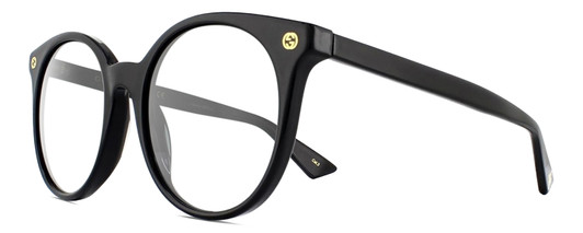 Profile View of Gucci GG0091S Designer Progressive Lens Blue Light Blocking Eyeglasses in Gloss Black Gold Ladies Round Full Rim Acetate 52 mm