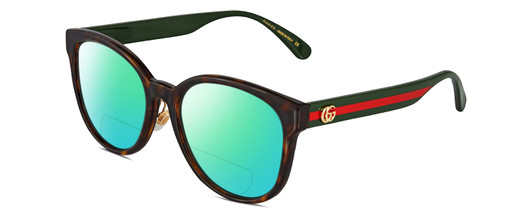 Profile View of Gucci GG0854SK Designer Polarized Reading Sunglasses with Custom Cut Powered Green Mirror Lenses in Shiny Dark Havana Tortoise Green Red Gold Ladies Panthos Full Rim Acetate 56 mm