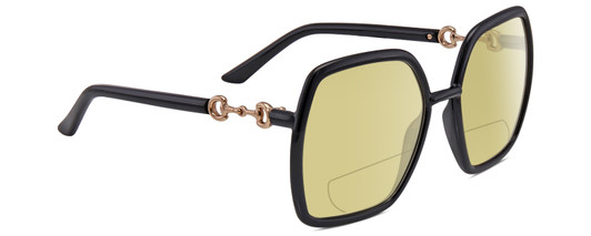 Profile View of Gucci GG0890S Designer Polarized Reading Sunglasses with Custom Cut Powered Sun Flower Yellow Lenses in Shiny Black Gold Ladies Hexagonal Full Rim Acetate 55 mm