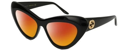 Profile View of Gucci GG0895S Designer Polarized Sunglasses with Custom Cut Red Mirror Lenses in Gloss Black Gold Ladies Cat Eye Full Rim Acetate 54 mm