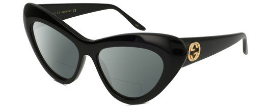 Profile View of Gucci GG0895S Designer Polarized Reading Sunglasses with Custom Cut Powered Smoke Grey Lenses in Gloss Black Gold Ladies Cat Eye Full Rim Acetate 54 mm