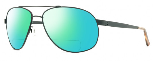 Profile View of Reptile Gladiator Designer Polarized Reading Sunglasses with Custom Cut Powered Green Mirror Lenses in Matte Gun Metal Black Unisex Pilot Full Rim Metal 62 mm