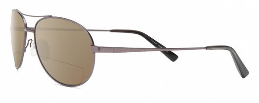 Profile View of Reptile Madagascar Designer Polarized Reading Sunglasses with Custom Cut Powered Amber Brown Lenses in Dark Gray Unisex Pilot Full Rim Titanium 59 mm