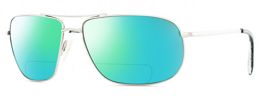 Profile View of Reptile Terrapin Designer Polarized Reading Sunglasses with Custom Cut Powered Green Mirror Lenses in Chrome Silver Unisex Pilot Full Rim Metal 62 mm