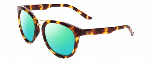Profile View of Smith Optics Bridgetown-MY3 Designer Polarized Reading Sunglasses with Custom Cut Powered Green Mirror Lenses in Tortoise Havana Crystal Brown Gold Ladies Round Full Rim Acetate 54 mm