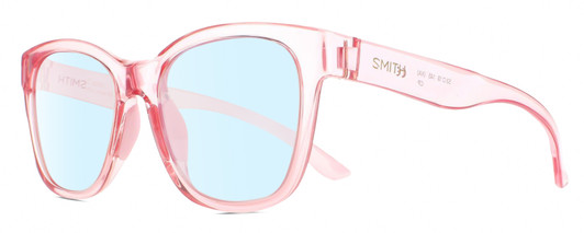 Profile View of Smith Optics Caper-35J Designer Blue Light Blocking Eyeglasses in Crystal Blush Pink Ladies Panthos Full Rim Acetate 53 mm
