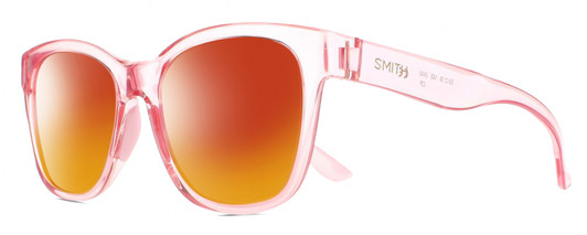 Profile View of Smith Optics Caper-35J Designer Polarized Sunglasses with Custom Cut Red Mirror Lenses in Crystal Blush Pink Ladies Panthos Full Rim Acetate 53 mm
