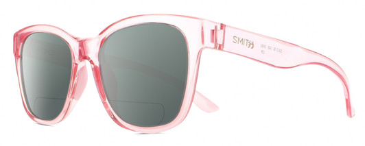 Profile View of Smith Optics Caper-35J Designer Polarized Reading Sunglasses with Custom Cut Powered Smoke Grey Lenses in Crystal Blush Pink Ladies Panthos Full Rim Acetate 53 mm