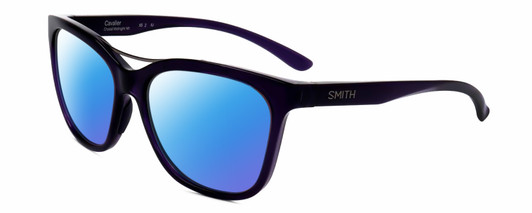 Profile View of Smith Optics Cavalier-141 Designer Polarized Sunglasses with Custom Cut Blue Mirror Lenses in Indigo Purple Crystal Silver Ladies Cat Eye Full Rim Acetate 55 mm