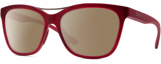 Profile View of Smith Optics Cavalier-LPA Designer Polarized Sunglasses with Custom Cut Amber Brown Lenses in Matte Maroon Red Gunmetal Ladies Cat Eye Full Rim Acetate 55 mm