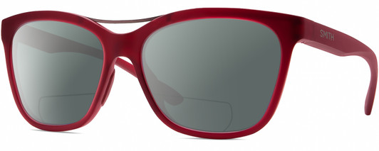 Profile View of Smith Optics Cavalier-LPA Designer Polarized Reading Sunglasses with Custom Cut Powered Smoke Grey Lenses in Matte Maroon Red Gunmetal Ladies Cat Eye Full Rim Acetate 55 mm