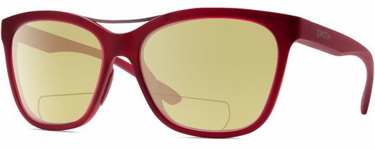 Profile View of Smith Optics Cavalier-LPA Designer Polarized Reading Sunglasses with Custom Cut Powered Sun Flower Yellow Lenses in Matte Maroon Red Gunmetal Ladies Cat Eye Full Rim Acetate 55 mm