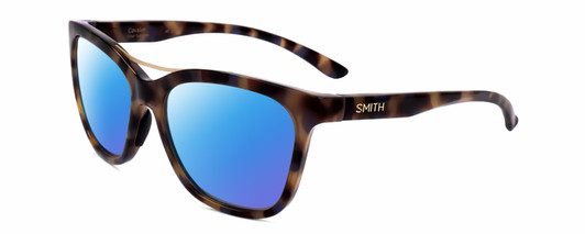 Profile View of Smith Optics Cavalier-MMH/G0 Designer Polarized Sunglasses with Custom Cut Blue Mirror Lenses in Violet Purple Beige Tortoise Havana Gold Ladies Cat Eye Full Rim Acetate 55 mm
