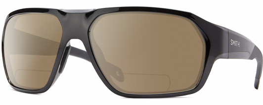Profile View of Smith Optics Deckboss-807 Designer Polarized Reading Sunglasses with Custom Cut Powered Amber Brown Lenses in Gloss Black Grey Unisex Rectangular Full Rim Acetate 63 mm
