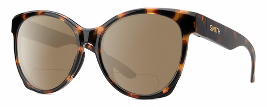 Profile View of Smith Optics Fairground-086 Designer Polarized Reading Sunglasses with Custom Cut Powered Amber Brown Lenses in Dark Tortoise Havana Brown Amber Ladies Round Full Rim Acetate 55 mm