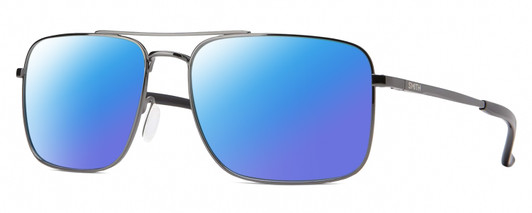 Profile View of Smith Optics Outcome-KJ1 Designer Polarized Sunglasses with Custom Cut Blue Mirror Lenses in Shiny Gunmetal Black Mens Pilot Full Rim Metal 59 mm