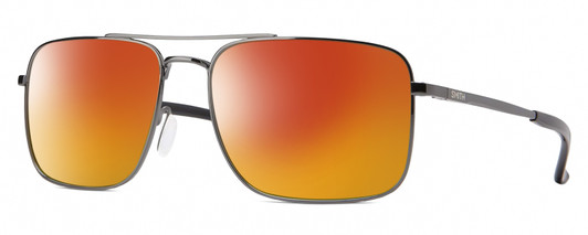Profile View of Smith Optics Outcome-KJ1 Designer Polarized Sunglasses with Custom Cut Red Mirror Lenses in Shiny Gunmetal Black Mens Pilot Full Rim Metal 59 mm