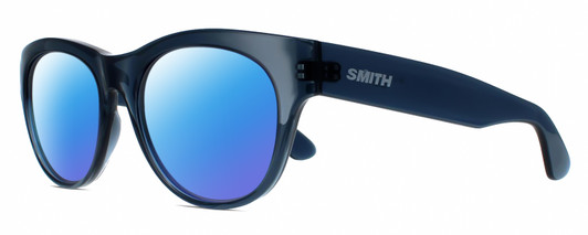 Profile View of Smith Optics Sophisticate-OXZ/TE Designer Polarized Sunglasses with Custom Cut Blue Mirror Lenses in Crystal Denim Blue Ladies Round Full Rim Acetate 54 mm