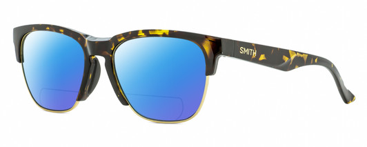 Profile View of Smith Optics Haywire-EPZ Designer Polarized Reading Sunglasses with Custom Cut Powered Blue Mirror Lenses in Brown Tortoise Havana Crystal Gold Unisex Panthos Semi-Rimless Acetate 55 mm