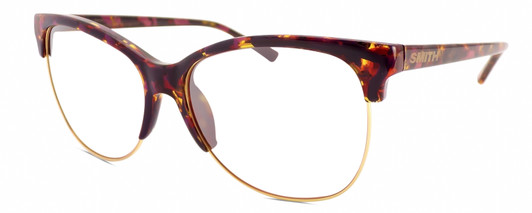 Profile View of Smith Optics Rebel-WJ9/FN Designer Blue Light Blocking Eyeglasses in Mulberry Tortoise Purple Red Gold Ladies Cat Eye Semi-Rimless Acetate 58 mm