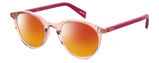 Profile View of Levi's Seasonal LV1005 Designer Polarized Sunglasses with Custom Cut Red Mirror Lenses in Crystal Pink Plum Purple Ladies Round Full Rim Acetate 50 mm