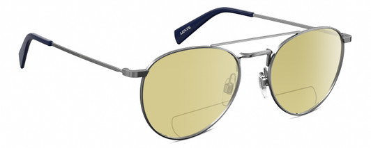 Profile View of Levi's Seasonal LV1006 Designer Polarized Reading Sunglasses with Custom Cut Powered Sun Flower Yellow Lenses in Dark Ruthenium Silver Navy Blue Unisex Pilot Full Rim Stainless Steel 52 mm
