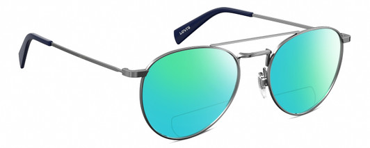 Profile View of Levi's Seasonal LV1006 Designer Polarized Reading Sunglasses with Custom Cut Powered Green Mirror Lenses in Dark Ruthenium Silver Navy Blue Unisex Pilot Full Rim Stainless Steel 52 mm