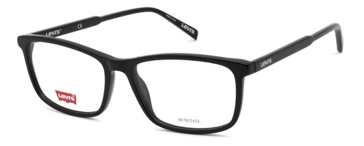 Profile View of Levi's Seasonal LV1018 Designer Blue Light Blocking Eyeglasses in Gloss Black Unisex Rectangular Full Rim Acetate 55 mm