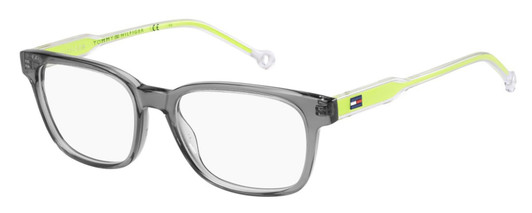 Profile View of Tommy Hilfiger TH1427 Designer Progressive Lens Prescription Rx Eyeglasses in Grey Crystal Neon Yellow Unisex Oval Full Rim Acetate 50 mm