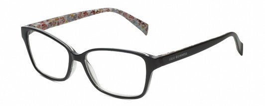 Profile View of Lulu Guinness LR76 Designer Blue Light Blocking Eyeglasses in Gloss Black Floral Ladies Rectangular Full Rim Acetate 53 mm