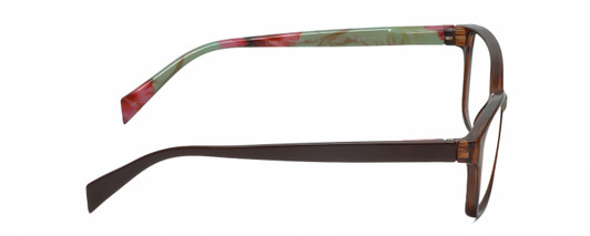Side View of Lulu Guinness LR76 Designer Blue Light Blocking Eyeglasses in Brown Crystal Green Pink Floral Ladies Rectangular Full Rim Acetate 53 mm