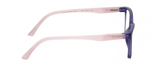 Side View of Lulu Guinness LR83 Designer Blue Light Blocking Eyeglasses in Purple Pink Crystal Ladies Cat Eye Full Rim Acetate 53 mm