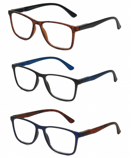 Front View of Geoffrey Beene 3 PACK Men's Reading Glasses Matte Black,Blue,Dark Tortoise +2.00