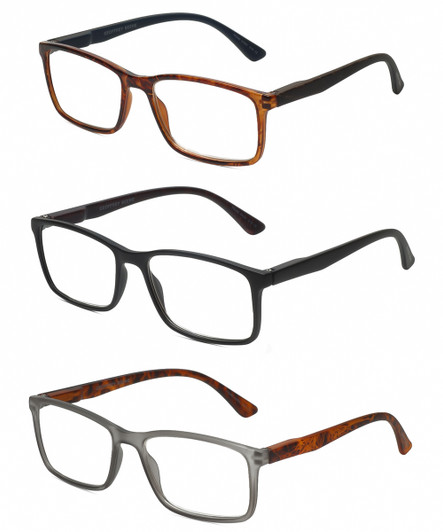 Front View of Geoffrey Beene 3 PACK Men's Reading Glasses Matte Black,Grey,Tortoise Blue +2.00