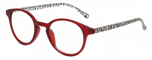 Profile View of Elle EL15557R Designer Blue Light Blocking Eyeglasses in Crystal Red Modern Art White Black Ladies Panthos Full Rim Acetate 49 mm