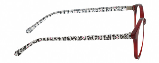 Side View of Elle EL15557R Designer Progressive Lens Blue Light Blocking Eyeglasses in Crystal Red Modern Art White Black Ladies Panthos Full Rim Acetate 49 mm
