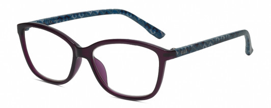 Profile View of Elle EL15578R Designer Reading Eye Glasses with Custom Cut Powered Lenses in Crystal Plum Purple Blue White Diamond Logos Ladies Cat Eye Full Rim Acetate 53 mm