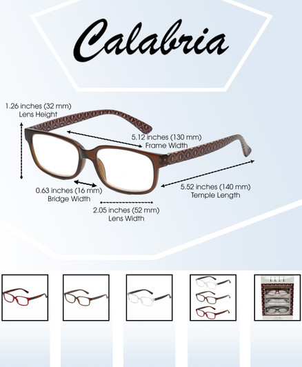 Dimensions View of Elle EL15581R Designer Progressive Lens Blue Light Blocking Eyeglasses in Crystal Brown White Diamond Ladies Rectangular Full Rim Acetate 52 mm